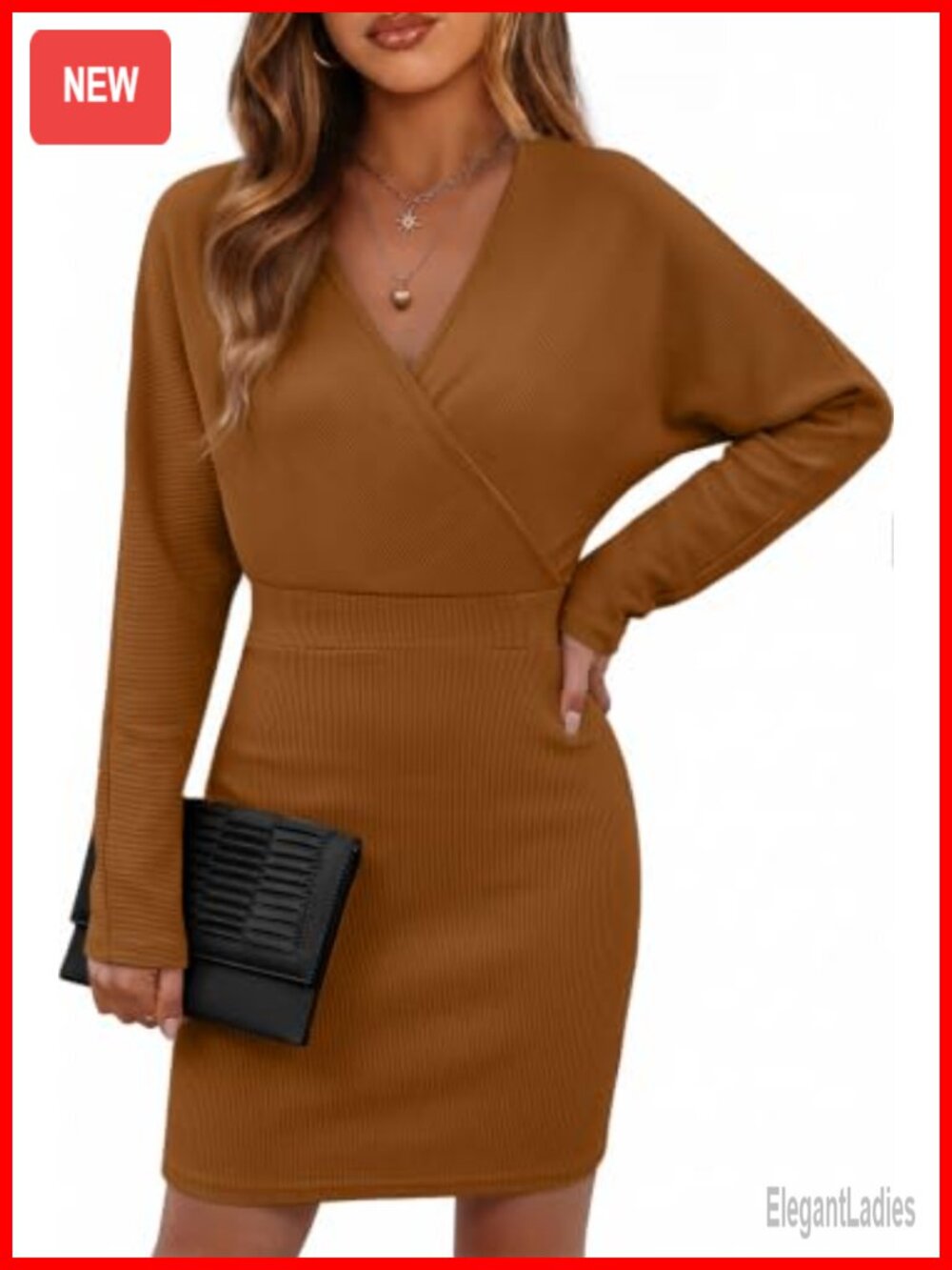 Bodycon Long Sleeve Sweater Dress for Women V-Neck Fitted Knit